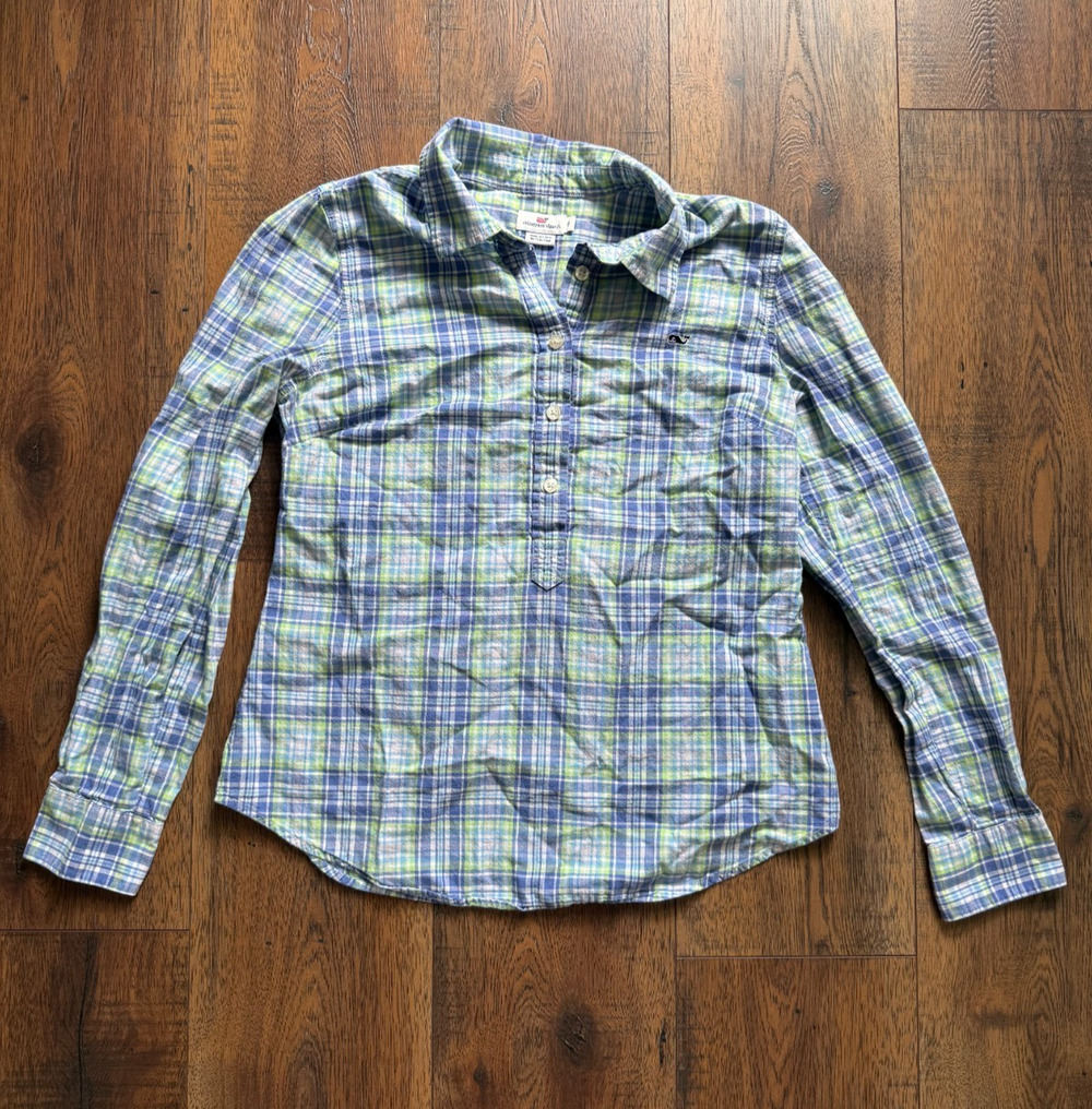 Vineyard Vines Blue Green Plaid Cotton Whale Logo Coastal Preppy Shirt Size 8